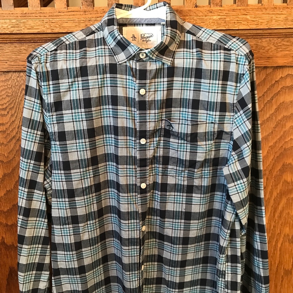 Penguin Blue, Teal, Gray Checkered Shirt Sz M